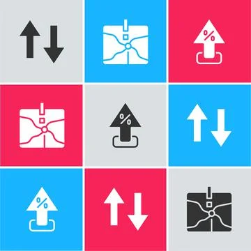 Set Arrow, Intersection point and Percent up arrow icon. Vector Ilustração Stock