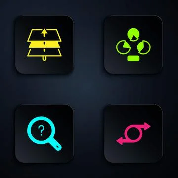Set Arrow, Layers, Unknown search and Pie chart infographic. Black square button Stockillustratie