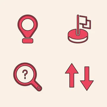 Set Arrow, Location, Flag and Unknown search icon. Vector Stock Illustration