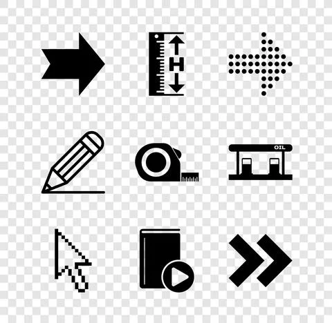 Set Arrow, Measuring height and length, Dots arrow, Pixel cursor, Audio book Illustrazione stock