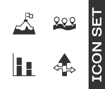 Set Arrow, Mountains with flag, Graph, chart, diagram and Location icon. Vector Illustrazione stock