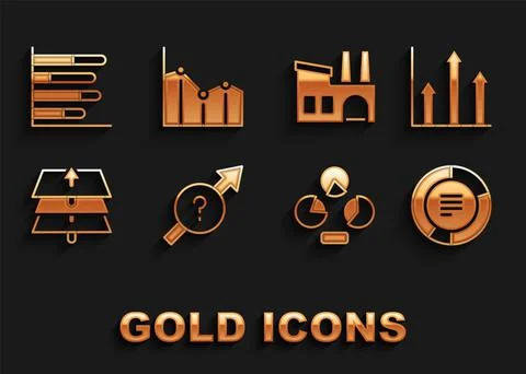 Set Arrow, Pie chart infographic, Layers, Factory, and icon. Vector Stock Illustration