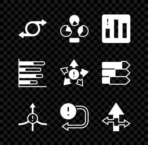 Set Arrow, Pie chart infographic, and Many ways directional arrow icon. Vector Stock Illustration