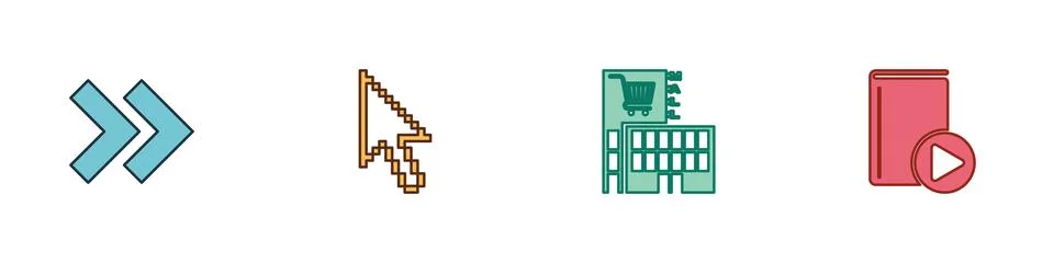Set Arrow, Pixel arrow cursor, Mall supermarket building and Audio book icon. 스톡 일러스트