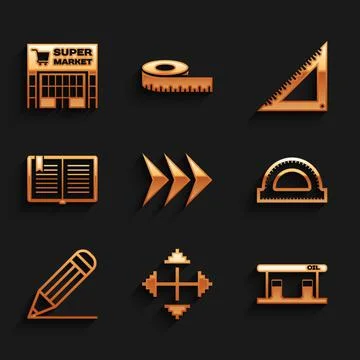 Set Arrow, Pixel arrows in four directions, Gas filling station, Protractor grid Ilustración de archivo