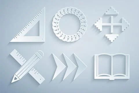 Set Arrow, Pixel arrows in four directions, Crossed ruler and pencil, Open book Stock Illustration