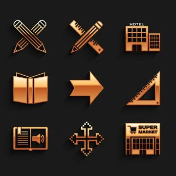 Set Arrow, Pixel arrows in four directions, Supermarket building, Triangula.. Stock Illustration