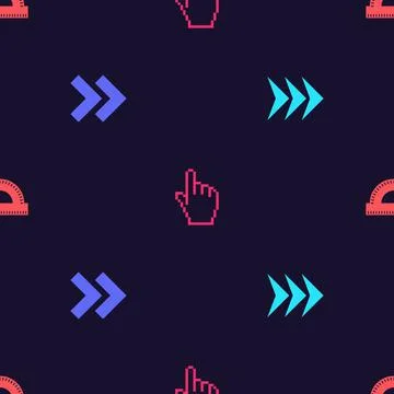 Set Arrow, , Pixel hand cursor and Protractor grid on seamless pattern. Vector Stock Illustration