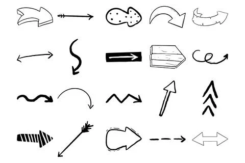 Set arrow pointer ink lines, textured shapes hand drawn decorative elements in Stock Illustration