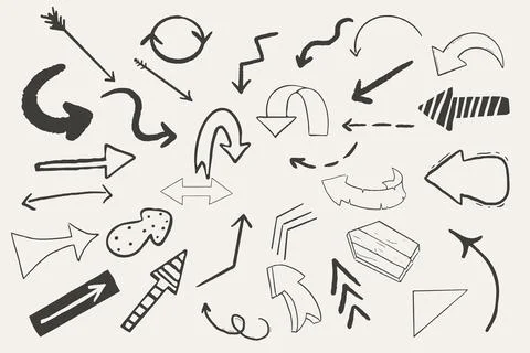 Set arrow pointer ink lines, textured shapes hand drawn decorative elements in Stock Illustration