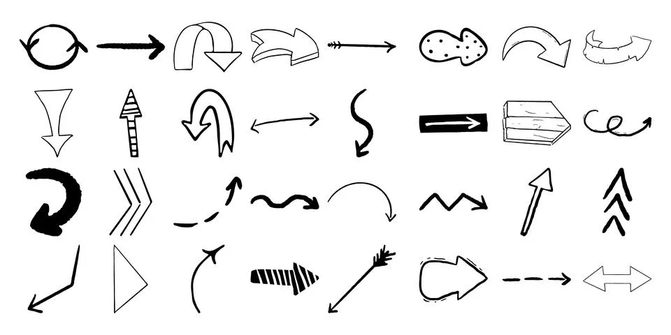 Set arrow pointer ink lines, textured shapes hand drawn decorative elements in Stock Illustration