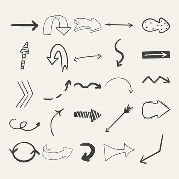 Set arrow pointer ink lines, textured shapes hand drawn decorative elements in Illustrazione stock