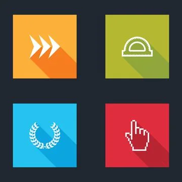 Set Arrow, Protractor grid, Laurel wreath and Pixel hand cursor icon. Vector Illustrazione stock