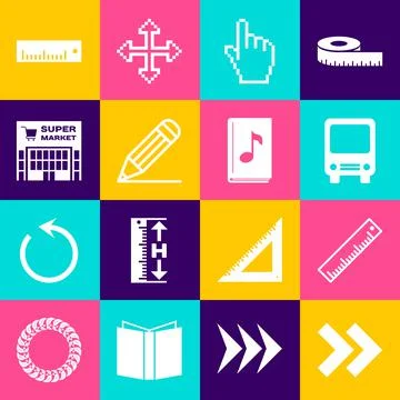 Set Arrow, Ruler, Bus, Pixel hand cursor, Pencil line, Supermarket building, and Stock Illustration