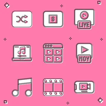 Set Arrow shuffle, Stop media button, Live stream, Laptop with music, Music.. Stock Illustration