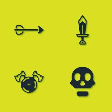 Set Arrow, Skull, Medieval shield with axe and Sword for game icon. Vector Stock Illustration