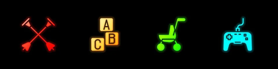 Set Arrow with sucker tip, ABC blocks, Baby stroller and Gamepad icon. Vector Stock Illustration