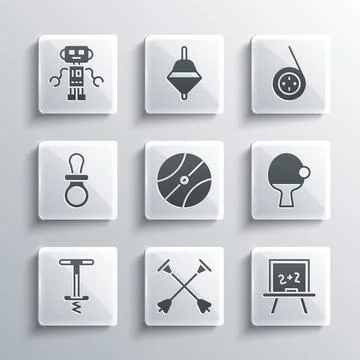 Set Arrow with sucker tip, Chalkboard, Racket and ball, Basketball, Pogo stick Stock-Illustration