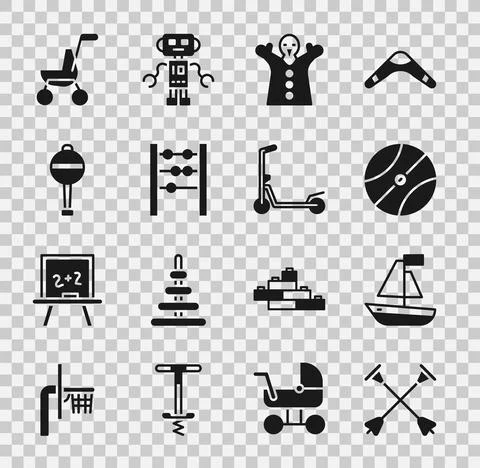 Set Arrow with sucker tip, Toy boat, Basketball ball, puppet doll on hand Stock-Illustration