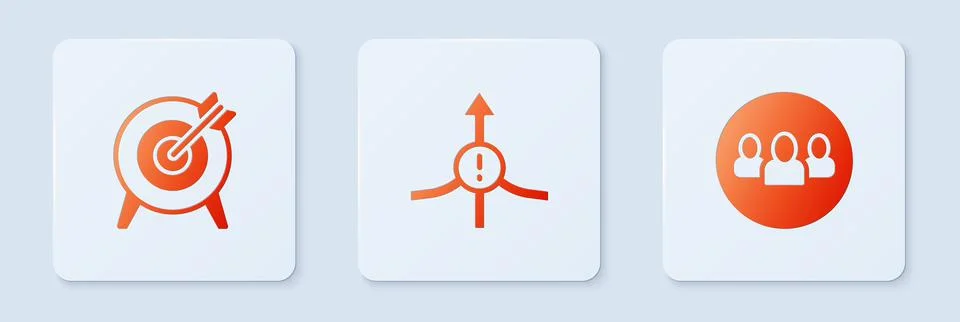 Set Arrow, Target and Project team base. White square button. Vector Stock Illustration