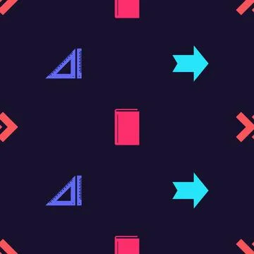 Set Arrow, Triangular ruler, Book and on seamless pattern. Vector Stock Illustration