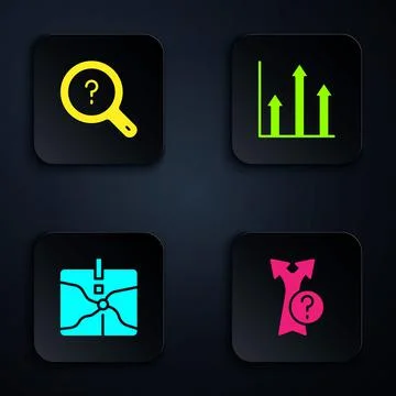 Set Arrow, Unknown search, Intersection point and Pie chart infographic. Black Illustrazione stock