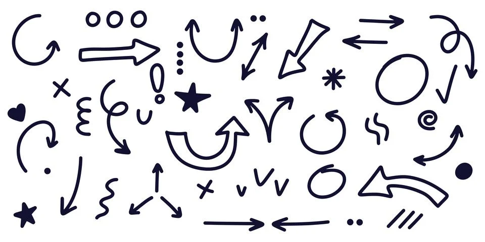 Set of arrows and graphics drawn by hand with pen or marker in different Illustrazione stock