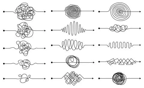 Set of arrows chaos mindset mess. Doodle knot lines concept with freehand scrawl Stock Illustration