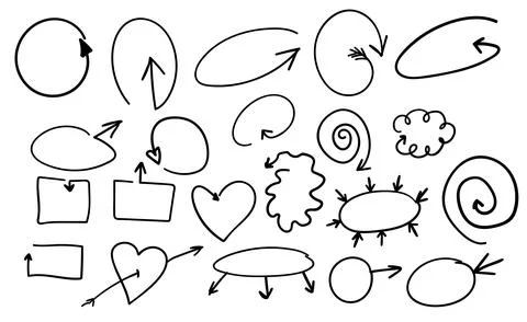Set of arrows of different shapes and styles in the technique of doodles drawn Stock Illustration