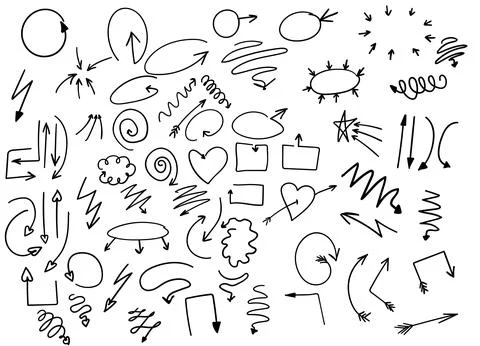 Set of arrows of different shapes and styles in the technique of doodles drawn Stock Illustration