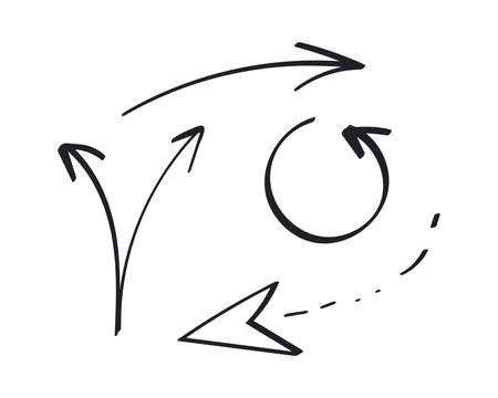 Set of Arrows drawn with marker. Curved, circular, dotted and branched Illustrazione stock