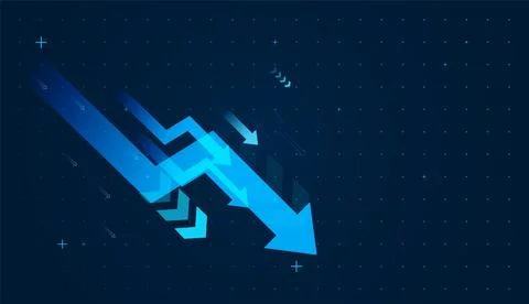 Set of arrows falling down in dynamic, and group of blue arrows surges down.. Stock Illustration