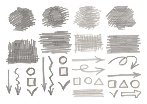 Set arrows, frames and splashes on white background. Felt pen Illustration イラスト素材