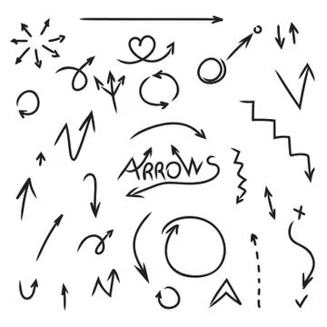 Set of arrows hand drawn. Doodle design element collection on white background. Stock Illustration