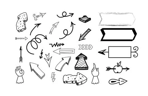 The set of arrows, pointers, cursors, indicators hand drawn in vector. Stock Illustration