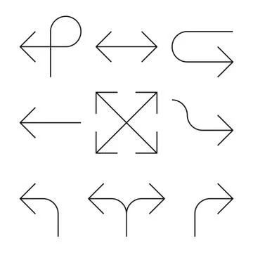 Set of arrows. Simple thin black line arrow design. Flat vector icons Illustrazione stock