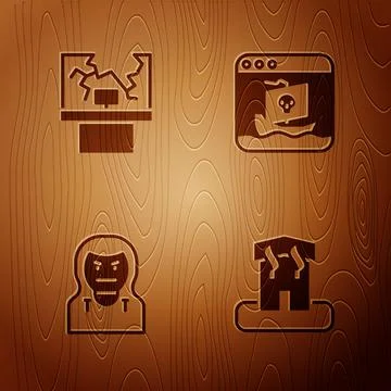 Set Arson home, Broken window, Thief mask and Internet piracy on wooden Illustrazione stock