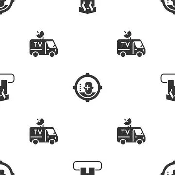 Set Arson home, Headshot and TV News car on seamless pattern. Vector Stock Illustration