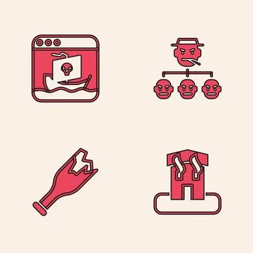 Set Arson home, Internet piracy, Mafia and Broken bottle as weapon icon. Vector Stock Illustration