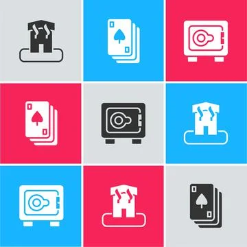 Set Arson home, Playing cards and Safe icon. Vector Ilustración de archivo