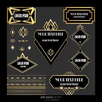 Set of Art Deco / Art Nuvo labels and frames and objects golden black Illustrazione stock