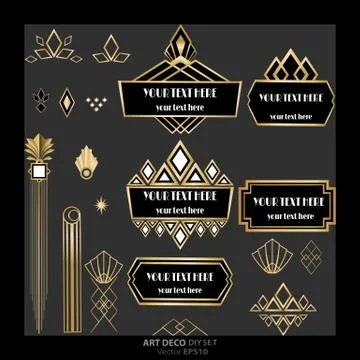 Set of Art Deco / Art Nuvo labels and frames and objects golden black Stock Illustration