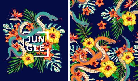 Set of art illustration of a snake in the jungle, Sketch for printing on fabr Stock Illustration
