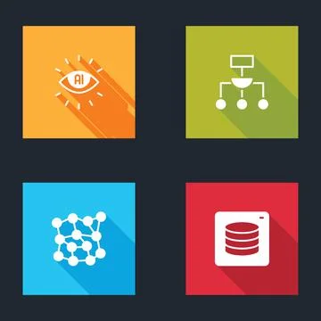 Set Artificial intelligence AI, Algorithm, Neural network and Server, Data icon Stock Illustration