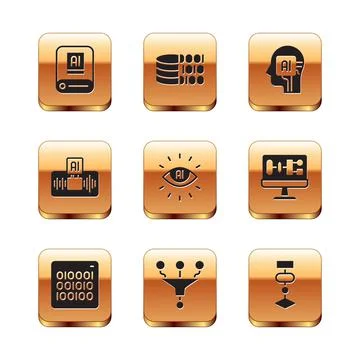 Set Artificial intelligence AI, Binary code, Funnel or filter, Humanoid robot Stock Illustration