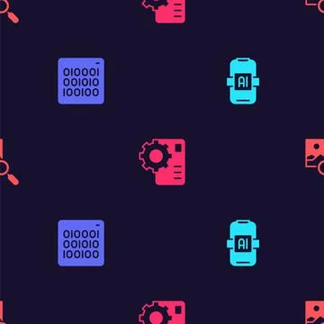 Set Artificial intelligence AI, Binary code, Neural network and Photo retouching Stock Illustration