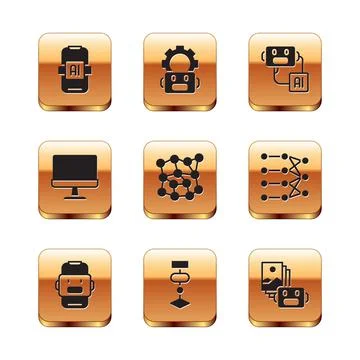 Set Artificial intelligence AI, Chat bot, Algorithm, Neural network, Computer Stock Illustration