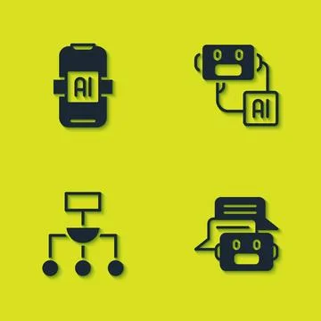 Set Artificial intelligence AI, Chat bot, Algorithm and robot icon. Vector Stock Illustration