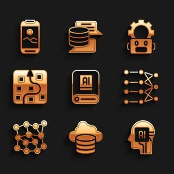 Set Artificial intelligence AI, Cloud database, Humanoid robot, Neural network 스톡 일러스트