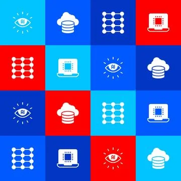 Set Artificial intelligence AI, Cloud database, Neural network and Processor CPU Stock Illustration
